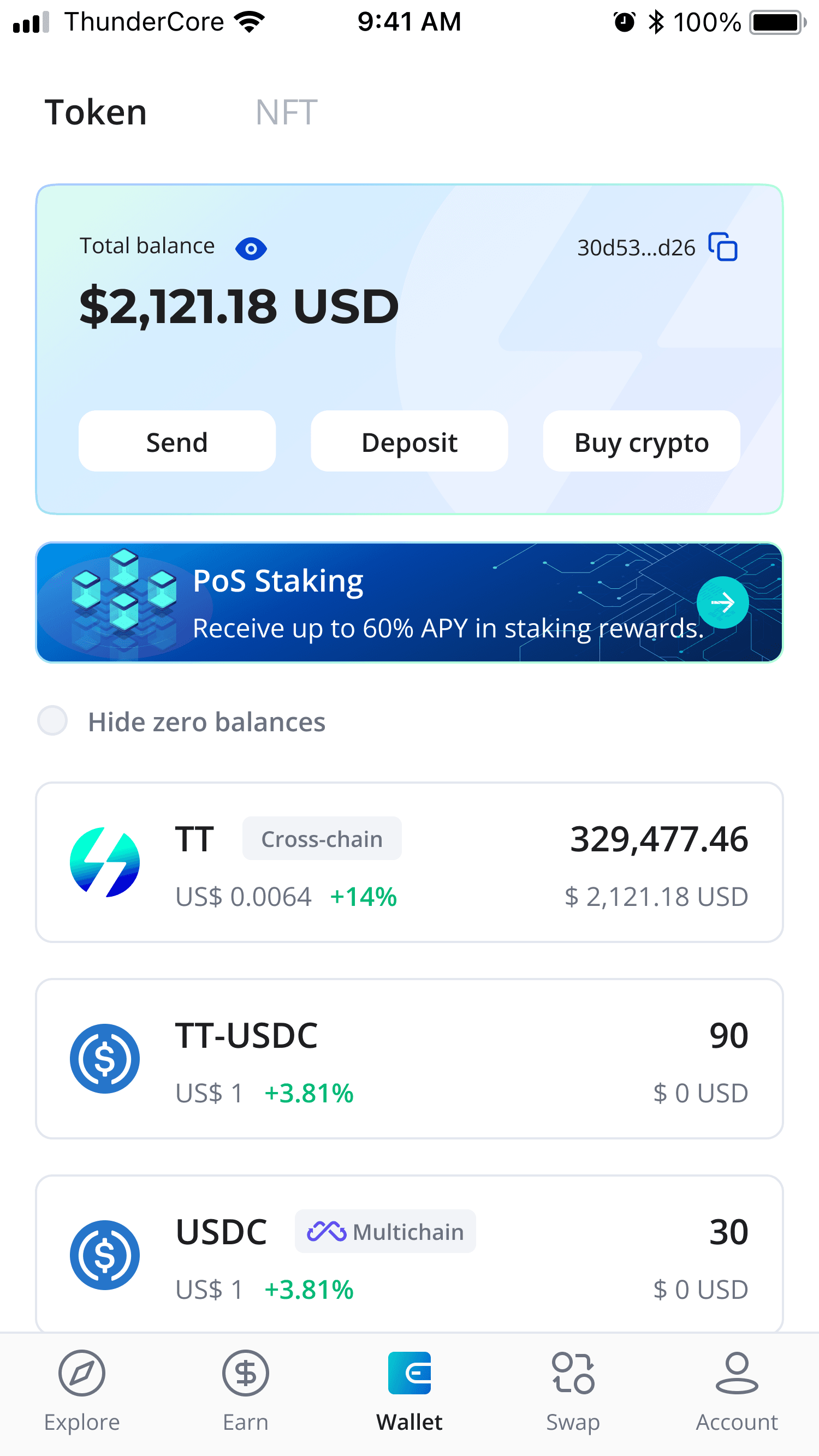 TT Wallet final design — 3 equal-weight buttons with Buy crypto
